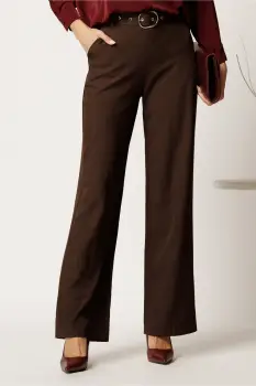 Pantaloni maro din stofa cu croi drept si curea in talie imagine