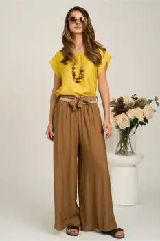 Pantaloni maro evazati din viscoza cu elastic si cordon in talie imagine