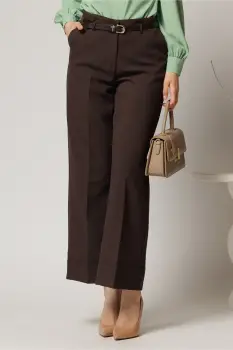 Pantaloni maro inchis din stofa cu croi larg si curea in talie imagine