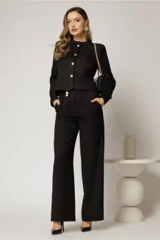 Pantaloni negri cu croi larg si inchidere cu nasturi imagine