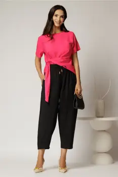 Pantaloni negri de zi din tencel cu snur si elastic pe talie imagine