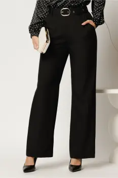 Pantaloni negri din stofa cu croi drept si curea in talie imagine