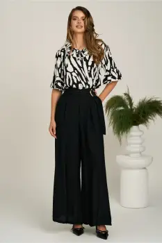 Pantaloni negri din viscoza evazati cu catarama in talie imagine