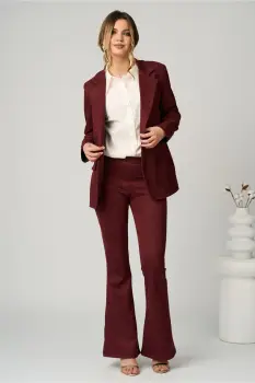 Pantaloni office din stofa catifelata bordo evazati imagine