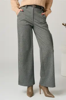 Pantaloni office din stofa gri cu croi evazat si curea in talie imagine