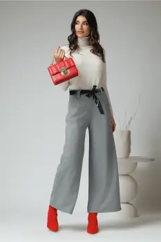 Pantaloni office din stofa gri deschis cu buzunare si cordon din piele ecologica imagine