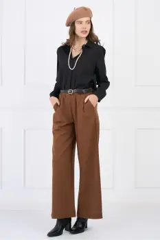 Pantaloni office din stofa maro cu elastic si curea in talie imagine