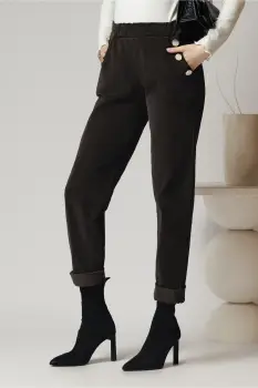 Pantaloni office din velur maro cu nasturi la buzunare imagine