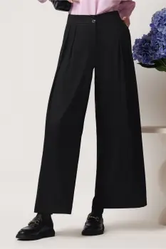 Pantaloni office din viscoza negri evazati cu pliuri pe talie imagine