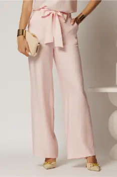 Pantaloni roz din rayon cu croi lejer si cordon in talie imagine
