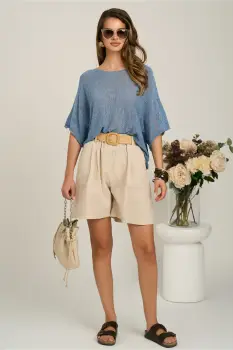 Pantaloni scurti bej din in cu croi lejer si curea in talie imagine