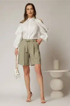 Pantaloni scurti kaki din tencel cu cordon in talie imagine
