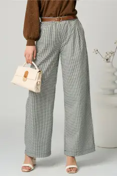 Pantaloni smart casual din stofa albi cu carouri negri si curea in talie imagine