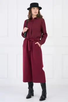 Pantaloni smart-casual din stofa bordo evazati cu buzunare si cordon imagine