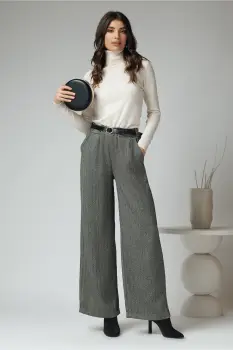 Pantaloni smart casual din stofa gri cu strasuri si curea in talie imagine