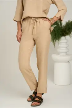 Pantaloni vaporosi bej din viscoza cu elastic in talie- LaDonna imagine