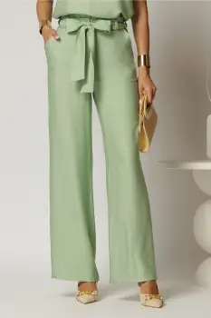 Pantaloni verde fistic din rayon cu croi lejer si cordon in talie imagine