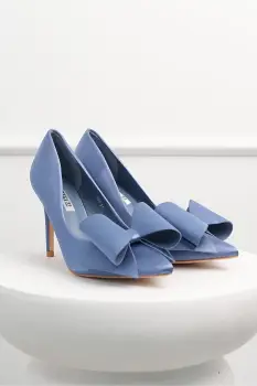 Pantofi albastri din material satinat cu funda maxi pe varf imagine