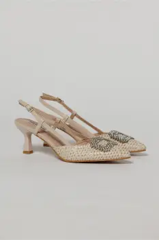 Pantofi bej cu finisaj impletit si accesoriu cu pietre stralucitoare imagine