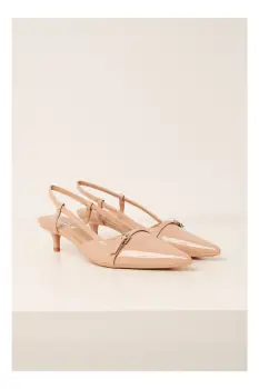 Pantofi bej din piele ecologica cu varf subtire si toc jos imagine