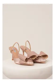 Pantofi bej eleganti din satin cu funda maxi imagine