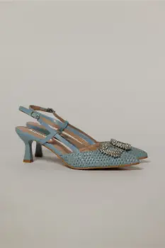 Pantofi bleu cu finisaj impletit si accesoriu cu pietre stralucitoare imagine