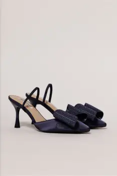 Pantofi bleumarin din material satinat cu funda maxi stralucitoare imagine