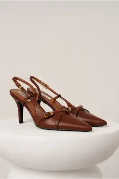 Pantofi eleganti din piele ecologica maro cu barete si catarame imagine