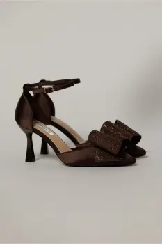 Pantofi eleganti maro din material satinat cu funda maxi stralucitoare imagine