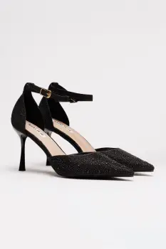 Pantofi eleganti negri cu pietre si perle decorative imagine