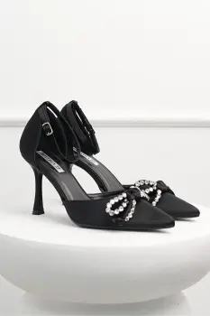 Pantofi eleganti negri din material satinat cu funda si strasuri imagine