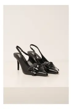 Pantofi negri din piele ecologica cu floare mai pe varf imagine