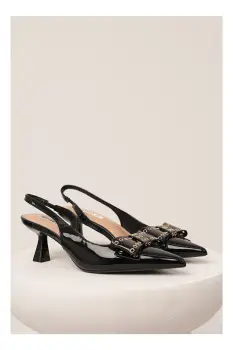 Pantofi negri din piele ecologica lacuita cu funda si capse imagine