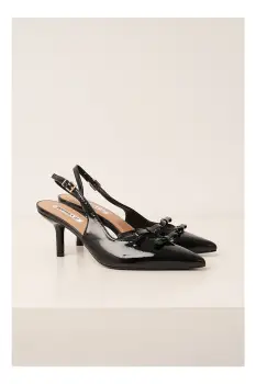 Pantofi negri din piele ecologica lacuiti cu funde si decupaj imagine