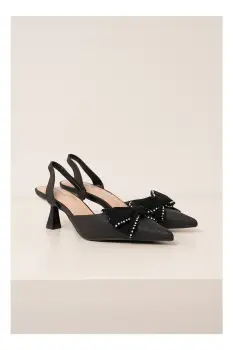 Pantofi negri eleganti cu glitter si funda pe varf imagine