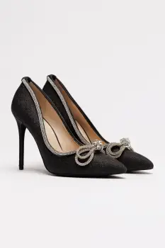 Pantofi negri eleganti cu glitter si funda stralucitoare pe varf imagine