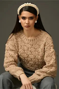 Pulover casual din tricot bej cu perle imagine