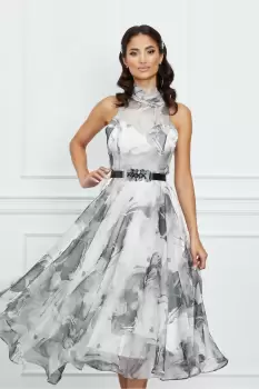Rochie Adina gri din organza cu imprimeuri imagine
