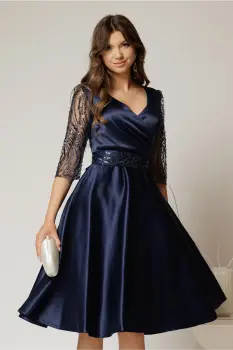 Rochie Adria bleumarin din tafta in clos cu cordon in talie imagine