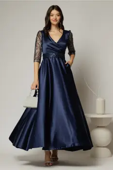 Rochie Adria lunga bleumarin cu cordon in talie imagine