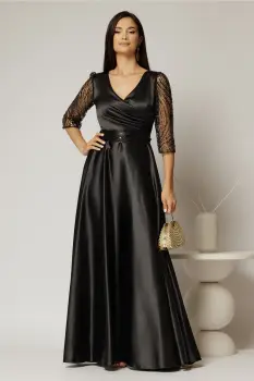 Rochie Adria lunga neagra cu cordon in talie imagine