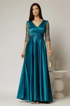 Rochie Adria lunga turcoaz cu cordon in talie imagine