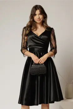 Rochie Adria neagra din tafta in clos cu cordon in talie imagine