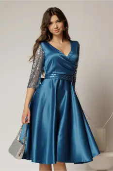 Rochie Adria turcoaz din tafta in clos cu cordon in talie imagine