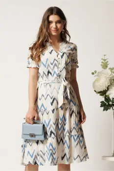 Rochie alba cu print zig-zag albastru in clos cu cordon in talie imagine