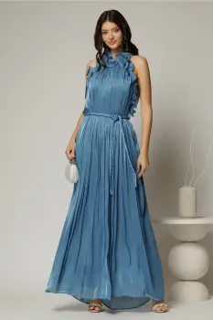 Rochie albastra lunga de ocazie din voal peliculizat cu cordon impletit imagine