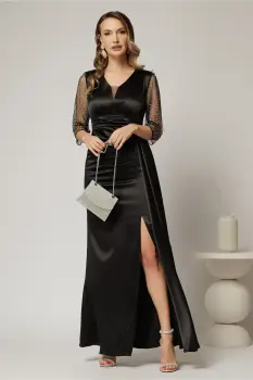 Rochie Alora lunga eleganta din tafta neagra cu pietre pe maneci imagine