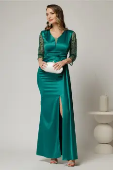 Rochie Alora lunga eleganta din tafta verde cu pietre pe maneci imagine