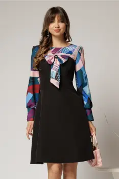Rochie Andrada din stofa neagra cu funda si imprimeu colorat albastru imagine