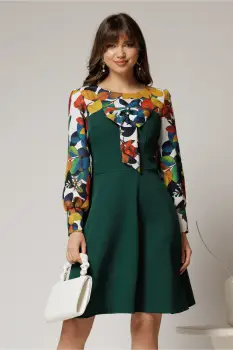 Rochie Andrada din stofa verde cu funda si imprimeu colorat imagine